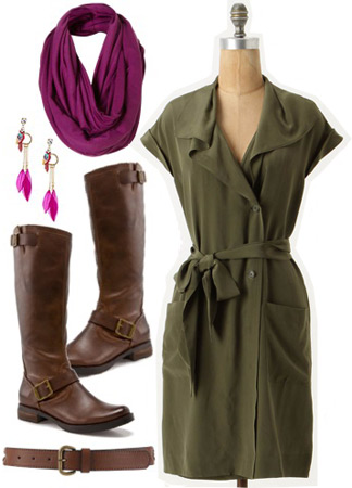 Outfit inspired by Ellie from Disney Pixar's Up: Green dress, purple scarf, motorcycle boots