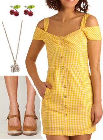 Outfit inspired by Ellie from Disney Pixar's Up: Yellow Dress, Mary-Janes, camera necklace