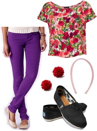 Outfit inspired by Ellie from Disney Pixar's Up: Purple jeans, floral top, TOMS