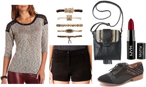 Embellished shoulder top, shorts, oxfords