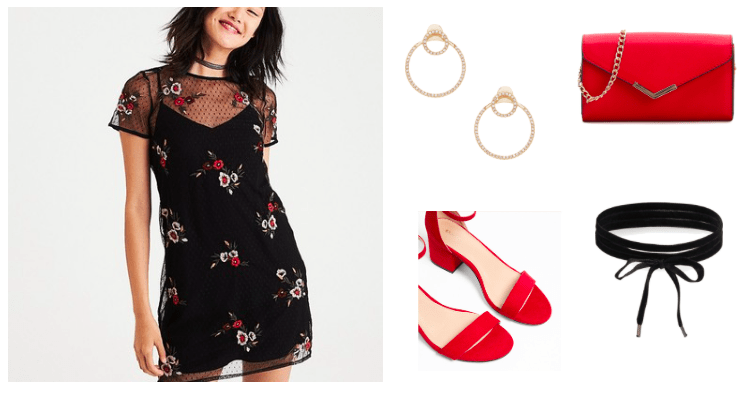 How to style an embroidered dress for a night out: Black and red embroidered dress, red single strap heels, black wrap choker, red chain strap bag, gold hoop earrings