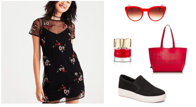 How to style an embroidered dress for class: Outfit with black floral embroidered dress, red tote bag, red nail polish, black platform sneakers