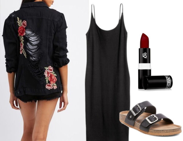 Embroidered jean jacket outfit: Black distressed denim jacket with rose embroidery with black slip dress, red lips, and Birkenstock sandals