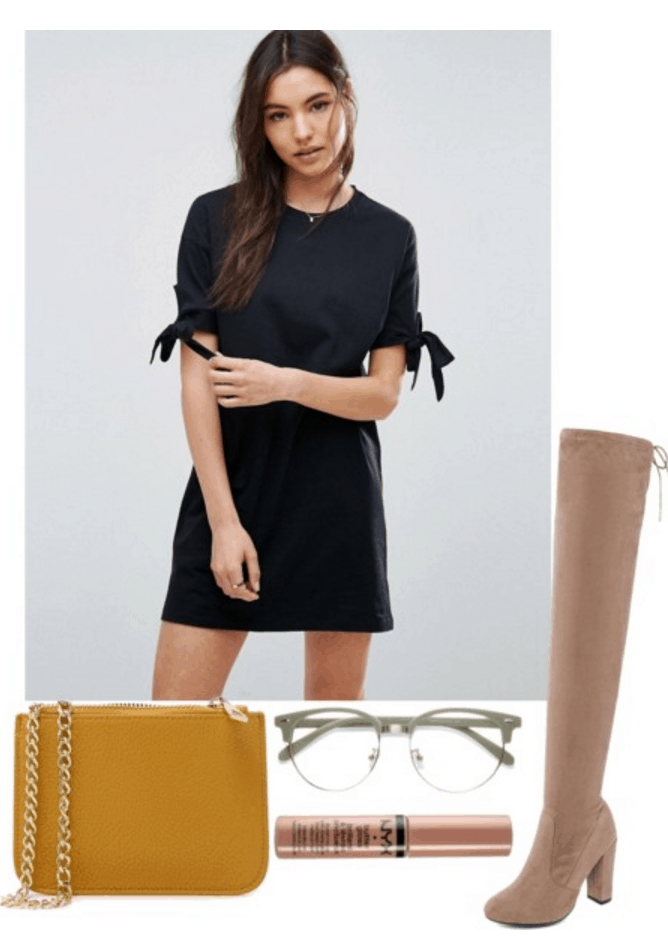 Black dress, mustard bag, boots and glasses