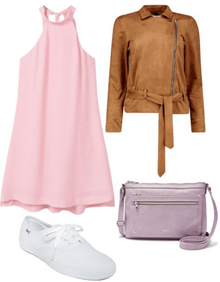 Pink dress, suede jacket, lilac bag, white sneakers.