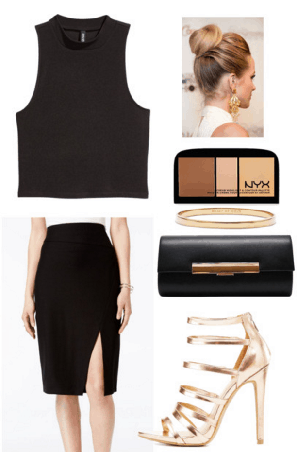 Black crop top, skirt, heels.