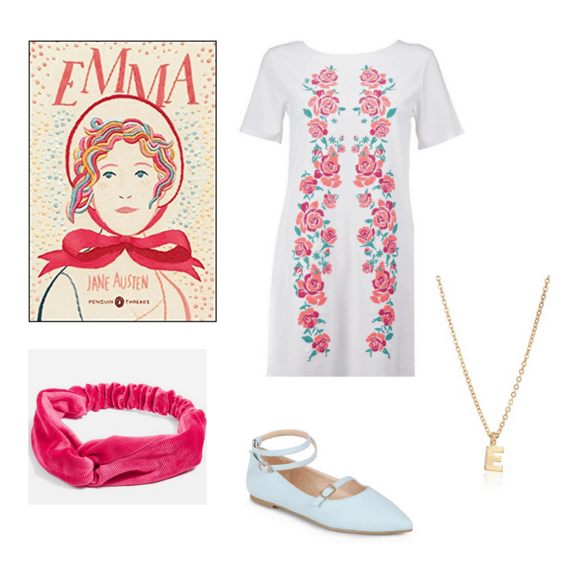 An outfit for the book Emma, featuring an embroidered dress, pink velvet headband, blue flats, and initial necklace.