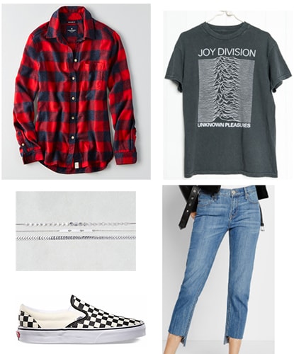 Grungy emo outfit idea: Joy Division tee, mom jeans, old school checkered black and white Vans, red and black plaid shirt