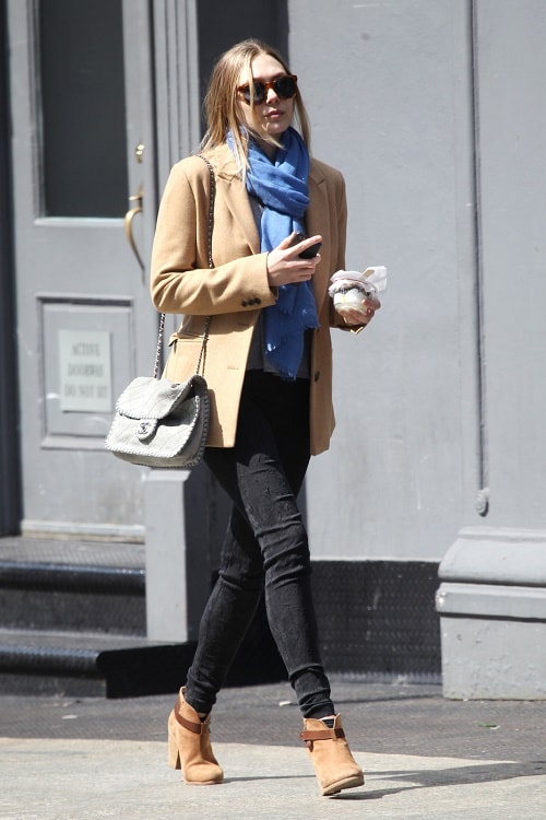 Elizabeth Olsen blazer, skinny jeans, and scarf