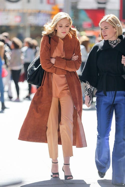 Elizabeth Olsen orange suede coat