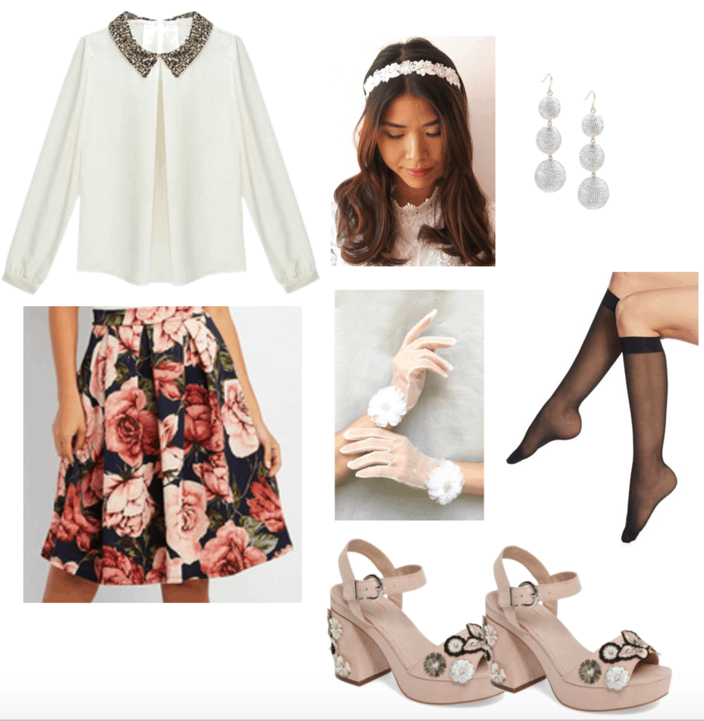Erdem Spring 2018 Ready-to-Wear inspired outfit 3 including bedazzled collared blouse and ivory gloves.