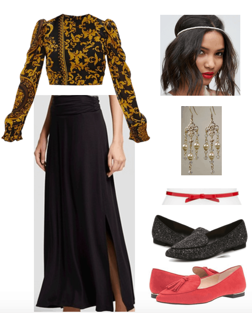 Outfit inspired by Erdem's Spring 2018 Ready-to-Wear collection; focused on baroque printed top.