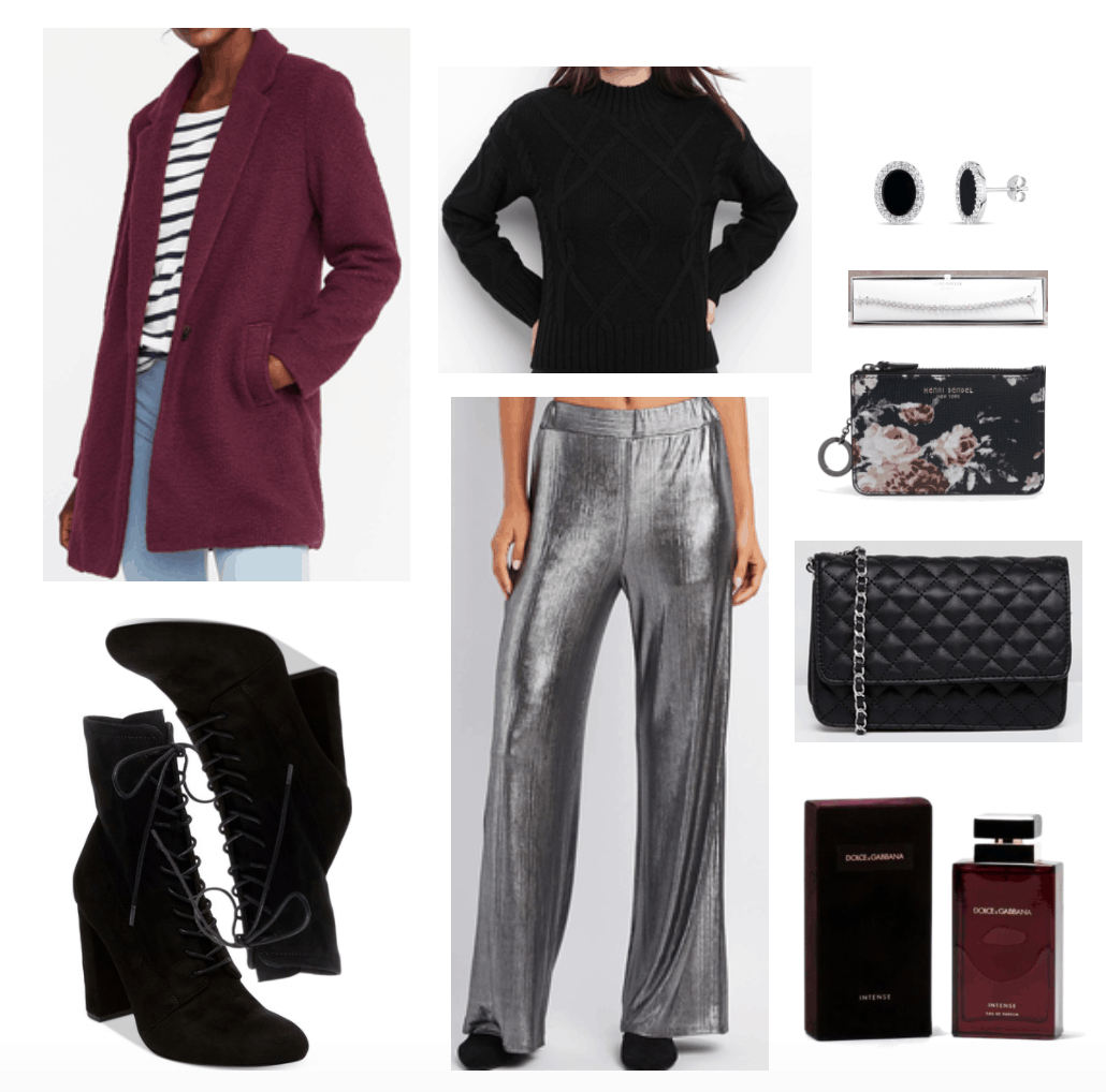 Outfit including silver palazzo pants and maroon coat.