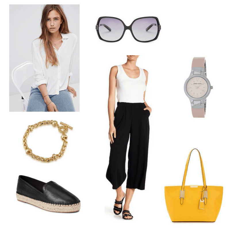 Summer work outfit with white button-down, black culottes, espadrille loafers, sunglasses, watch, bracelet, and yellow tote