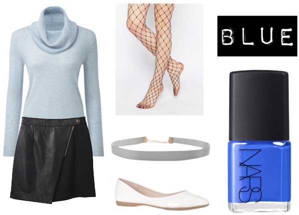 Outfit to wear with blue nail polish: Light blue turtleneck sweater, faux leather wrap skirt, gray choker, white ballet flats