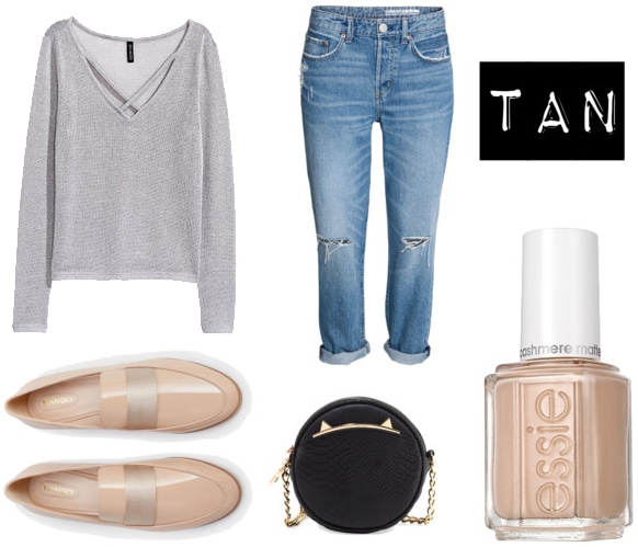 Essie tan nail polish outfit: Gray sweater, boyfriend jeans, beige and gray loafers, black cat bag
