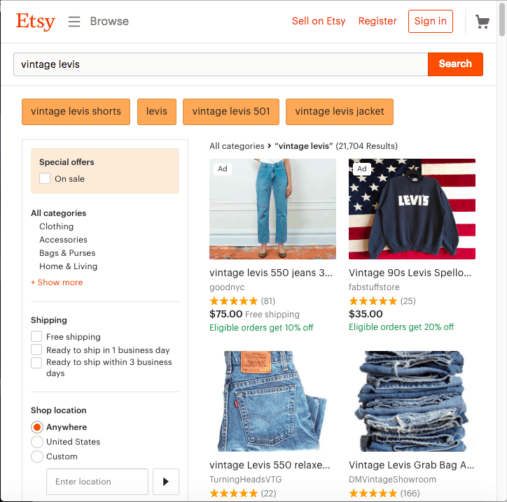 Photo of a Etsy search page for Vintage levis jeans
