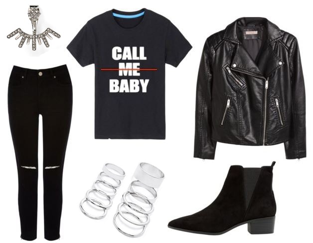 EXO outfit 2 - Call me baby shirt, ripped jeans, leather jacket, booties, jewelry