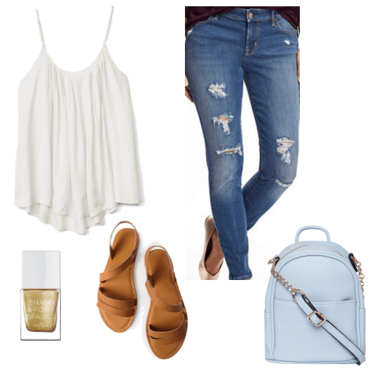 white tank top distressed jeans brown sandals cross body bag gold nail polish