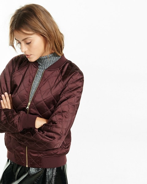 Burgundy quilted bomber jacket from Express