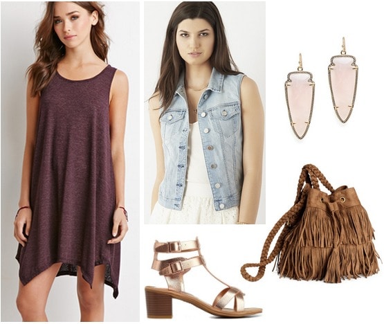 Forever 21 dress, denim vest, metallic sandals