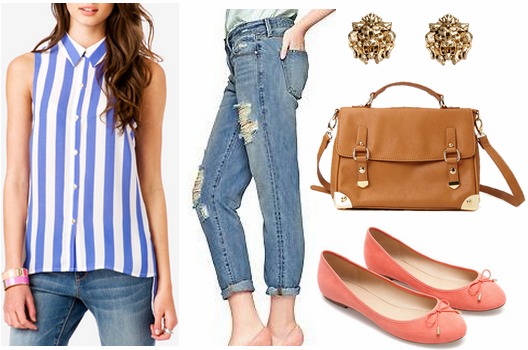 F21 vertical stripe blouse, boyfriend jeans, ballet flats