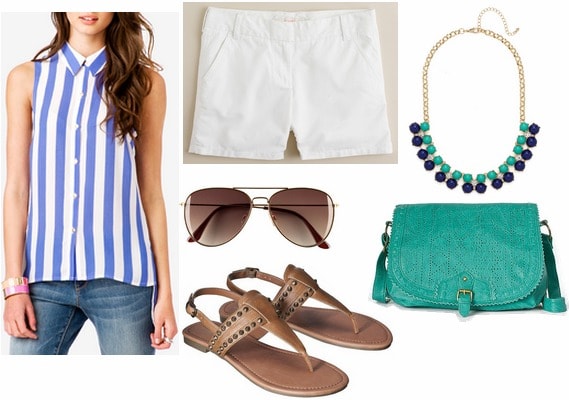 F21 vertical stripe blouse, white shorts, sandals
