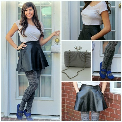 Fair isle tights and leather skirt