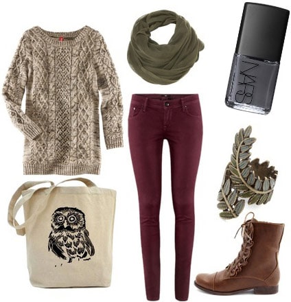 Fall festival fashion: Burgundy skinnies, sweater, knit scarf, ankle boots, rustic accessories