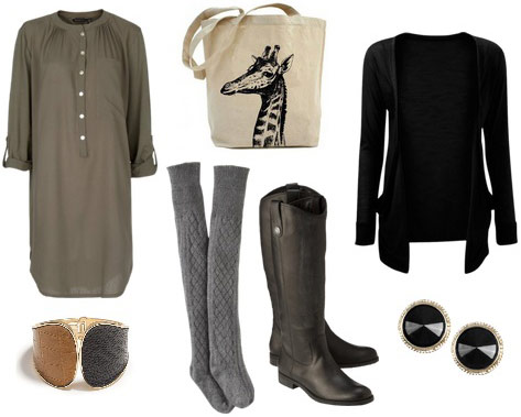 Fall festival outfit: Tunic/dress, knit tights, knee-high boots, cardigan, tote bag