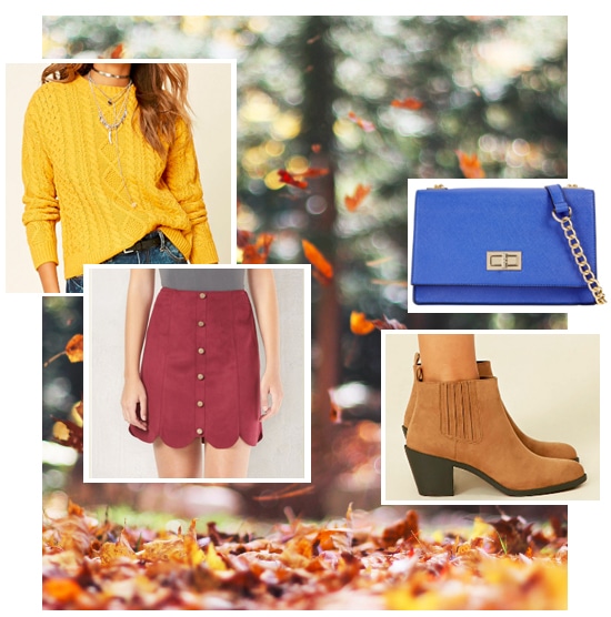 Fall outfit idea: Yellow sweater, red button front skirt, brown booties, cobalt blue bag