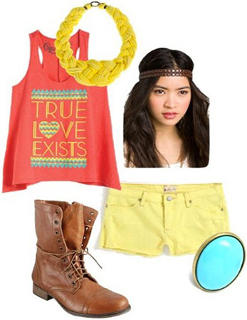 Outfit incorporating versatile boots: Yellow shorts, neon tank, military boots, bold necklace, turquoise ring