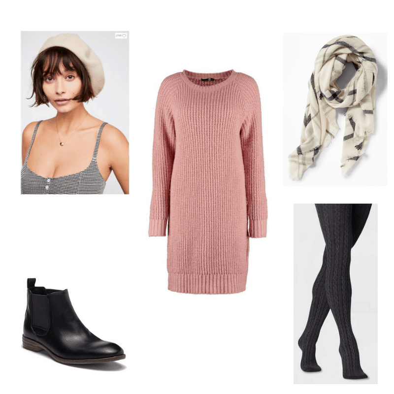 Fall to Winter transition look with pink sweater dress, plaid blanket scarf, cable sweater tights, wool beret, and leather ankle boots