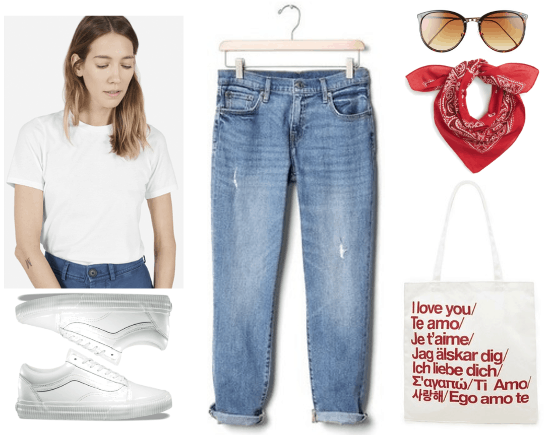 Fashion Inspired by Music Videos: "Famous," by Nathan Sykes--Outfit #1 featuring white short-sleeved crewneck t-shirt, white embossed Vans sneakers, light-wash girlfriend jeans, round tortoise sunglasses with brown lens, red paisley bandana, cream-colored tote with red "I love you" text in various languages