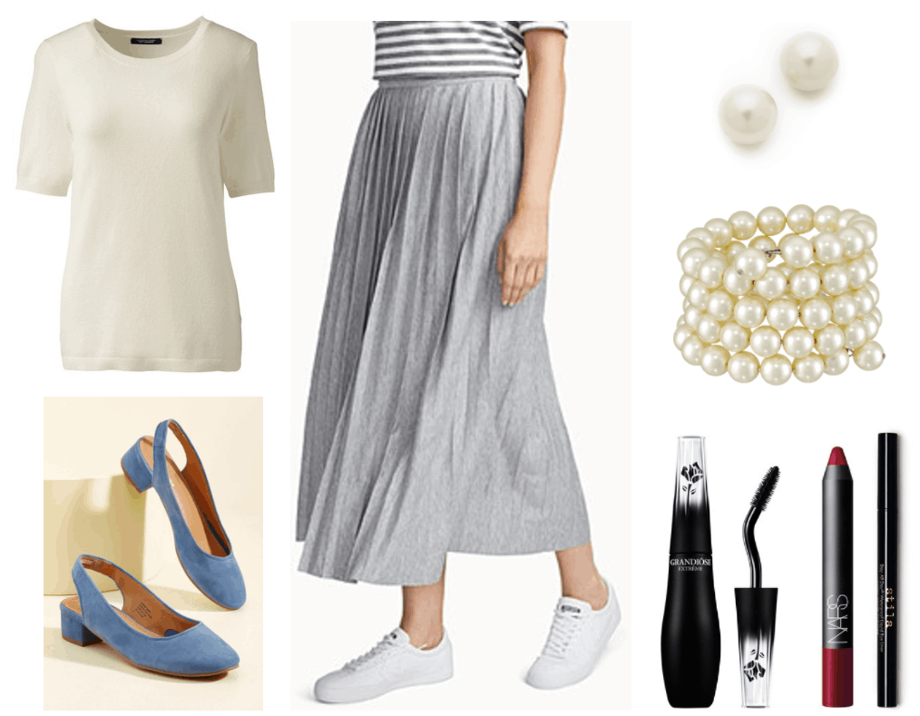 Fashion Inspired by Music Videos: "Famous," by Nathan Sykes--Outfit #2 featuring ivory short-sleeved crewneck sweater, medium-blue slingback shoes with low heel, gray pleated midi skirt, faux pearl earrings, faux pearl four-row coil bracelet, Lancôme Grandiôse Extrême Mascara in Noir Exces (black), Nars Velvet Matte Lip Pencil in Dragon Girl (cool-toned red), Stila Stay All Day® Waterproof Liquid Eye Liner in Intense Black (Jet Black)