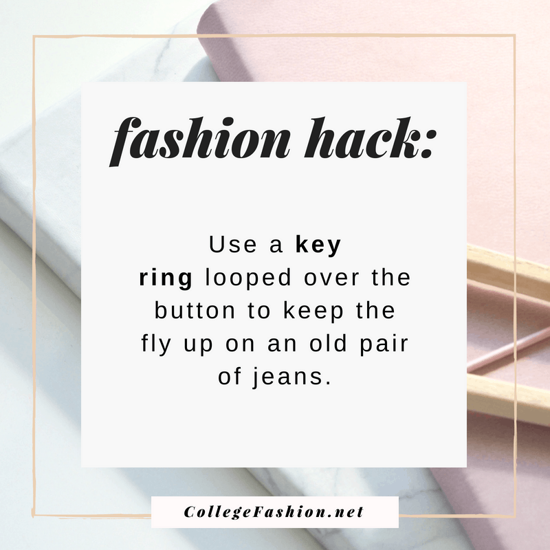 Fashion hack: Use old key rings to keep the fly up on pants when the zipper has failed