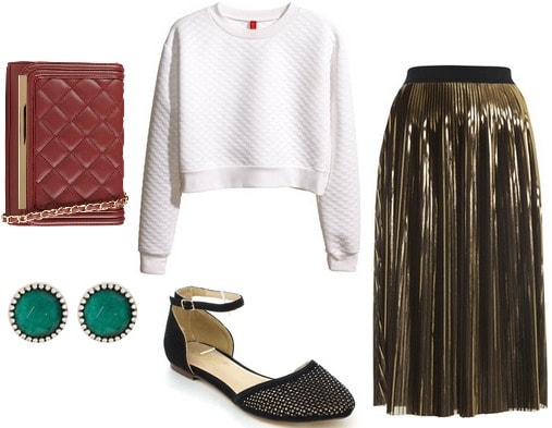 Fashion inspired by art cropped sweater, gold midi skirt, flats