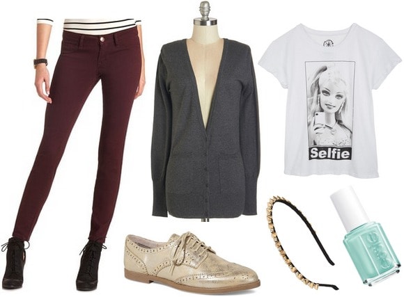 Fashion inspired by art jeggings, cardigan, graphic tee, metallic oxfords