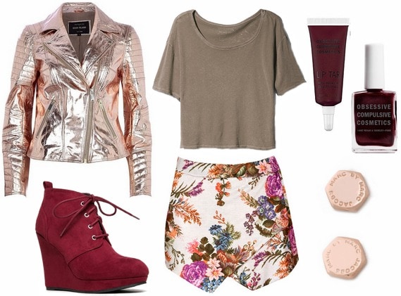 Fashion inspired by art metallic biker jacket, floral skort, red wedge boots