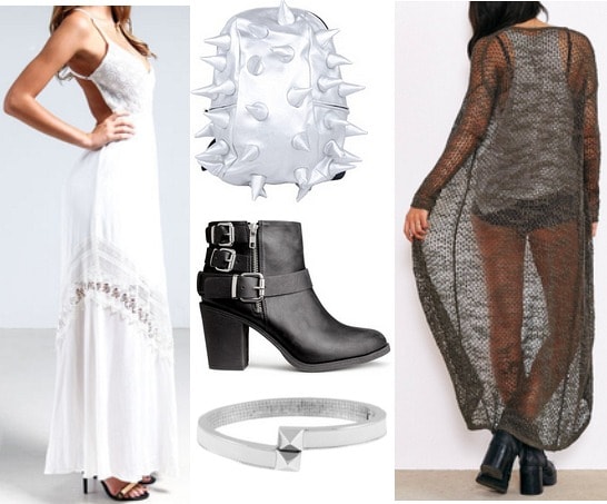 Fashion inspired by art white maxi dress, duster, and ankle boots