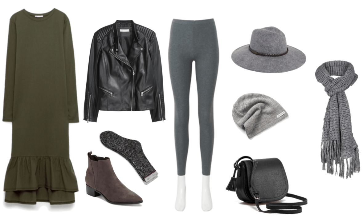 "How Do I Dress Fashionably Without Sacrificing My Beliefs?" outfit #2 featuring olive green dress, black faux-leather jacket, gray socks, gray ankle boots, gray leggings, gray wide-brim hat, gray beanie, black mini saddle bag, gray knitted scarf