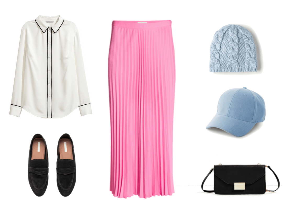 "How Do I Dress Fashionably Without Sacrificing My Beliefs?" outfit #3 featuring white blouse with black piping, black loafers, pink pleated midi skirt, pale-blue knitted beanie, pale-blue faux-suede baseball cap, black crossbody bag