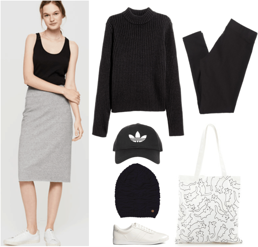 "How Do I Dress Fashionably Without Sacrificing My Beliefs?" outfit #4 featuring gray midi skirt, black turtleneck sweater, black baseball cap with white Adidas logo, black knitted beanie, white sneakers, black leggings, black-and-white cat-print canvas tote bag