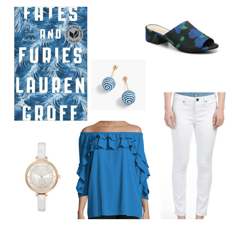 An outfit inspired by Fates and Furies featuring a blue off the shoulder top, white jeans, white watch, blue and white swirled earrings, and black and floral print mules.