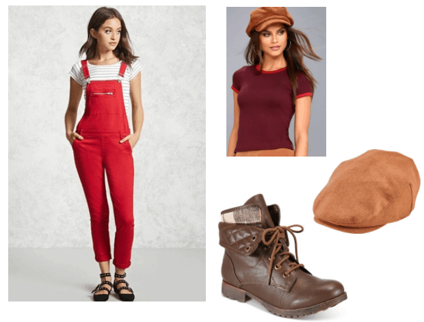 Fatty Bear Outfit Inspiration: red overalls, burgundy cropped tee, brown combat boots, camel wool newsboy cap