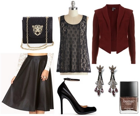 Faux leather midi skirt, lace blouse, pumps, blazer