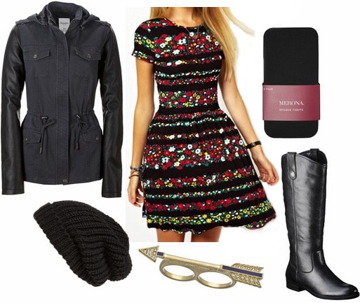 Faux leather sleeve anorak floral print dress riding boots beanie