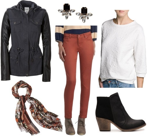Faux leather sleeve anorak, white sweater, ankle booties, colored skinnies