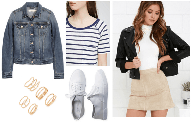 faux suede skirt, striped tee, denim jacket