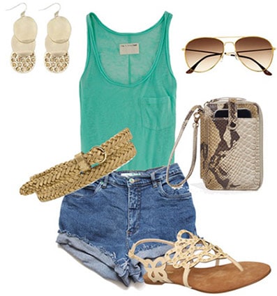 How to wear high waisted shorts and a tank with a gold belt, woven sandals, a wristlet, sunglasses, and bold earrings